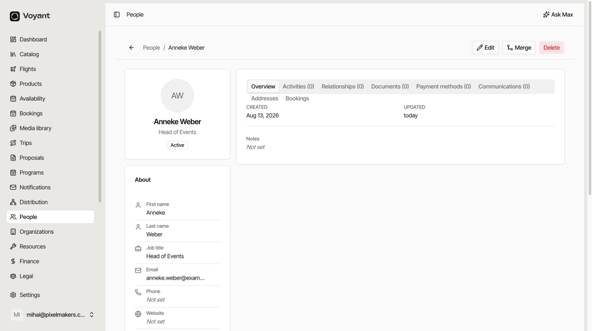 A person record for Anneke Weber showing the about panel with name, job title, email and status, and tabs for activities, relationships, documents, payment methods, communications, addresses and bookings