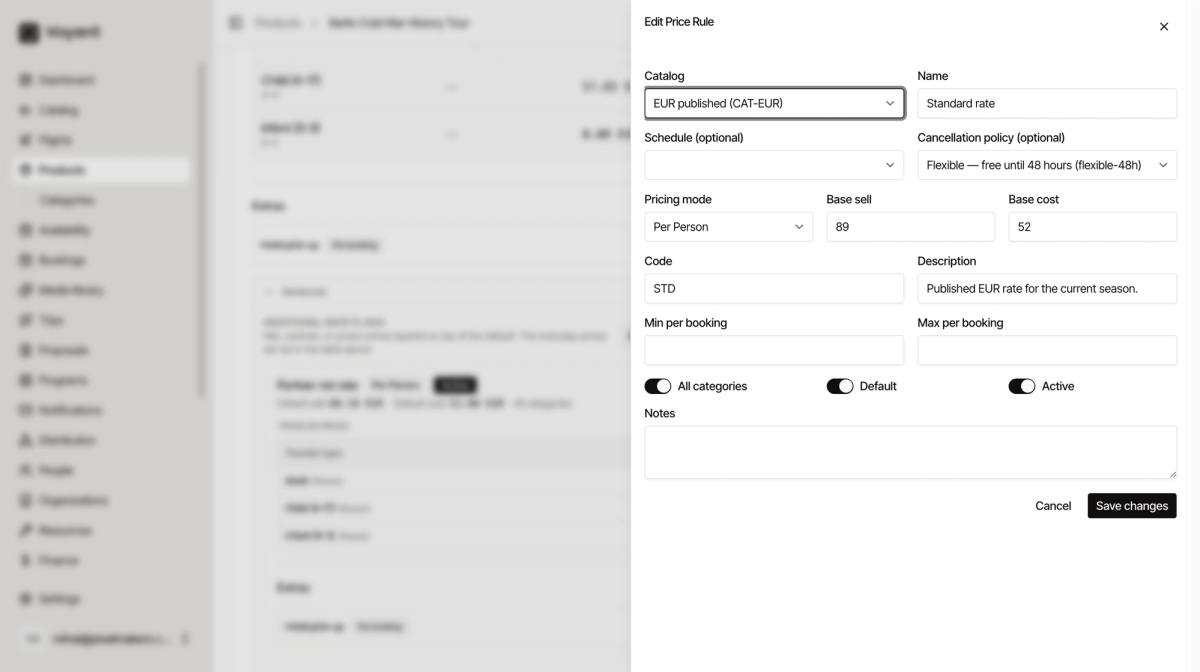 The Edit Price Rule panel with base sell and base cost fields, a pricing mode, and a cancellation policy