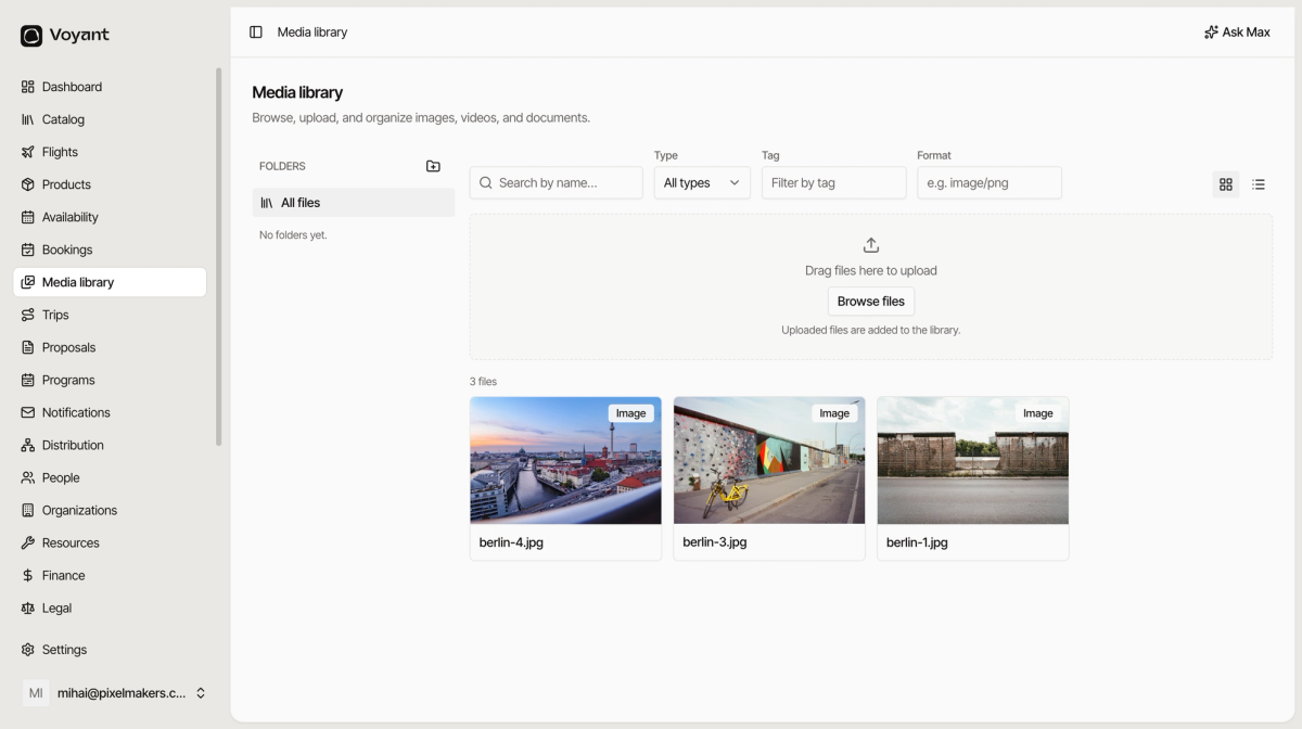 The Media library page showing three uploaded images with folder, type and tag filters