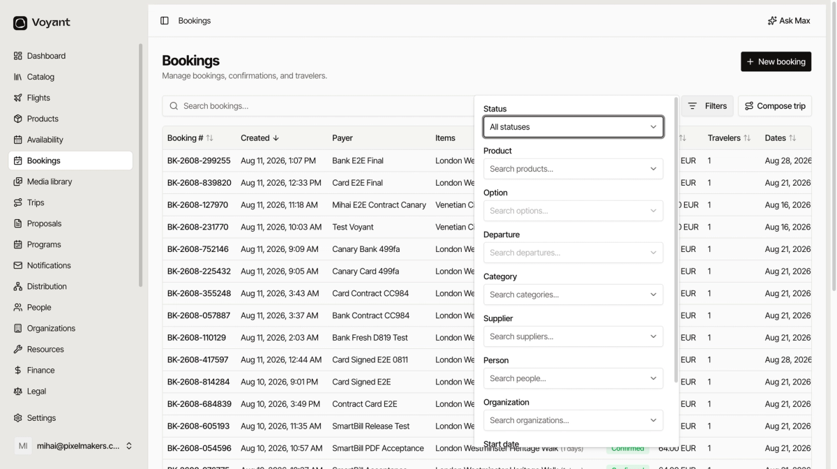The Bookings filter panel with fields for status, product, option, departure, category, supplier, person, organization, start date and travelers
