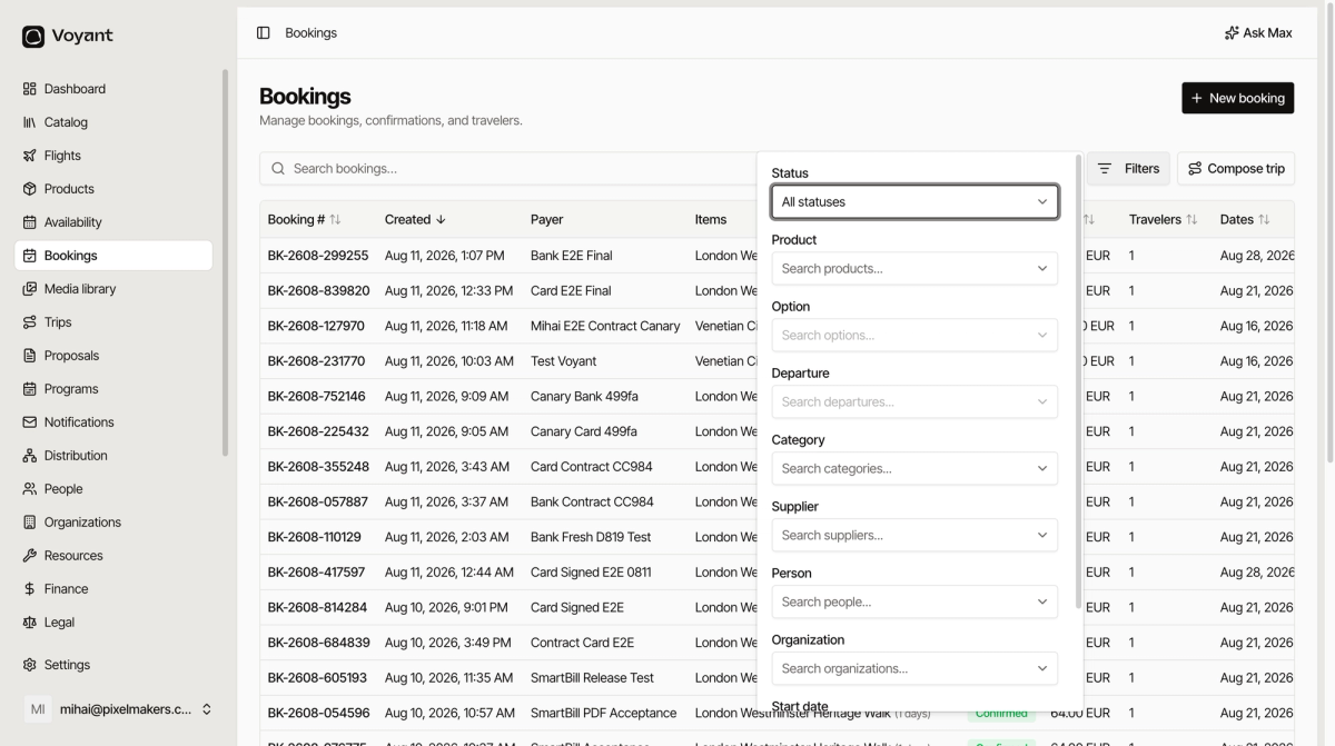 The Bookings filter panel with fields for status, product, option, departure, category, supplier, person, organization, start date and travelers