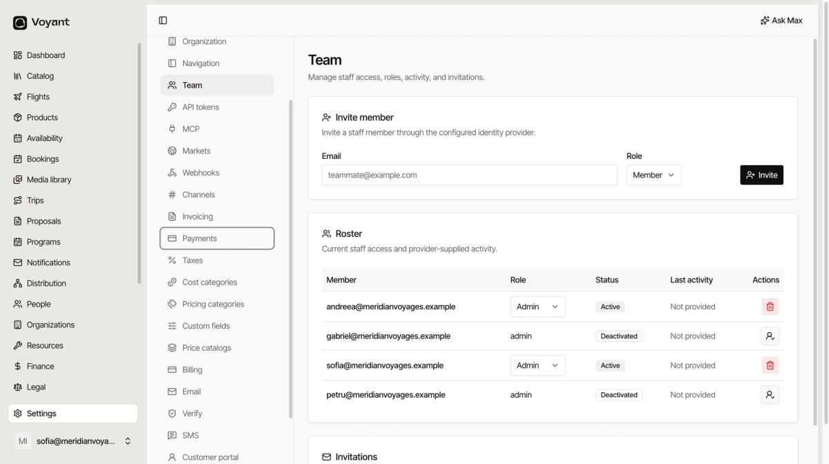 The team settings page with an invite member card at the top and a roster below listing four staff members with their roles and active or deactivated status