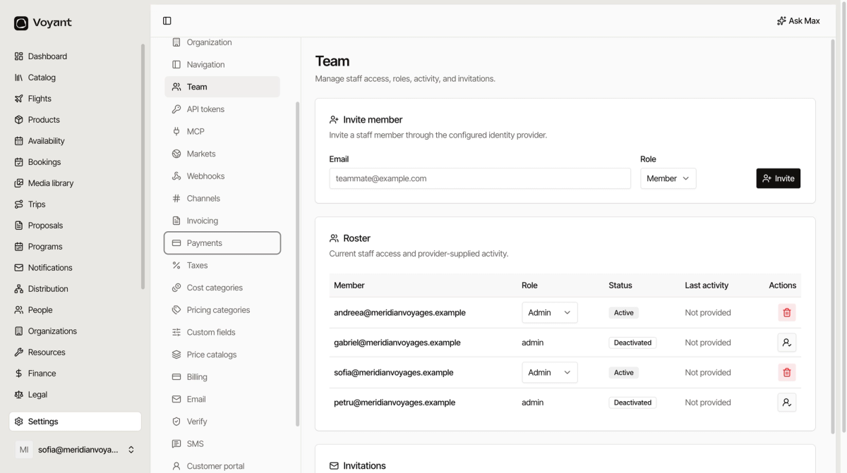 The team settings page with an invite member card at the top and a roster below listing four staff members with their roles and active or deactivated status