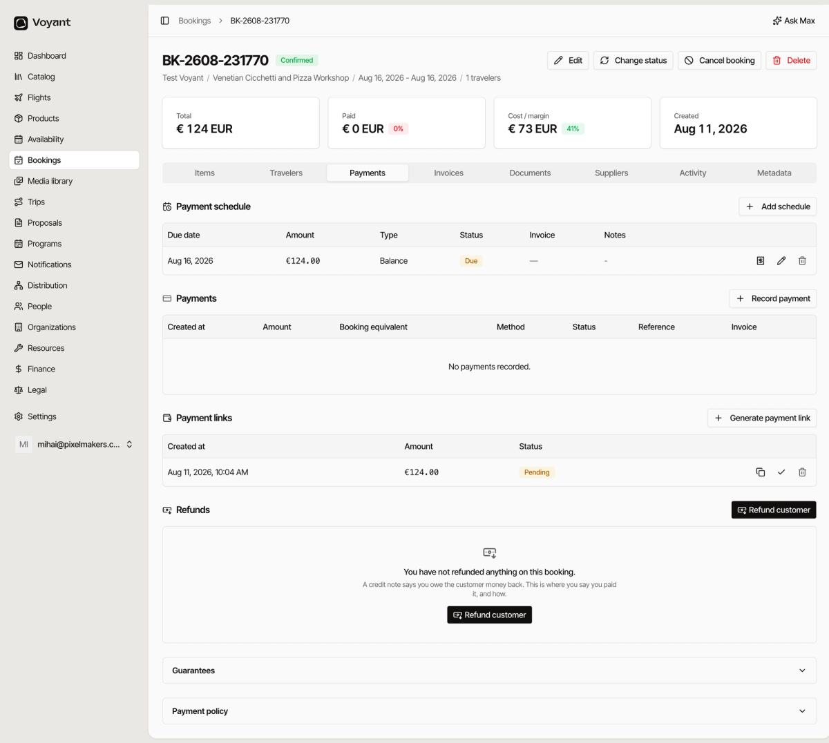 The Payments tab showing a payment schedule with a balance due, an empty payments table, a pending payment link, and a refunds panel
