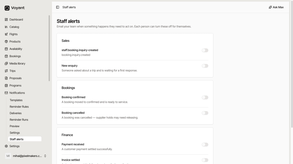 The staff alerts page with toggles grouped under Sales, Bookings and Finance headings