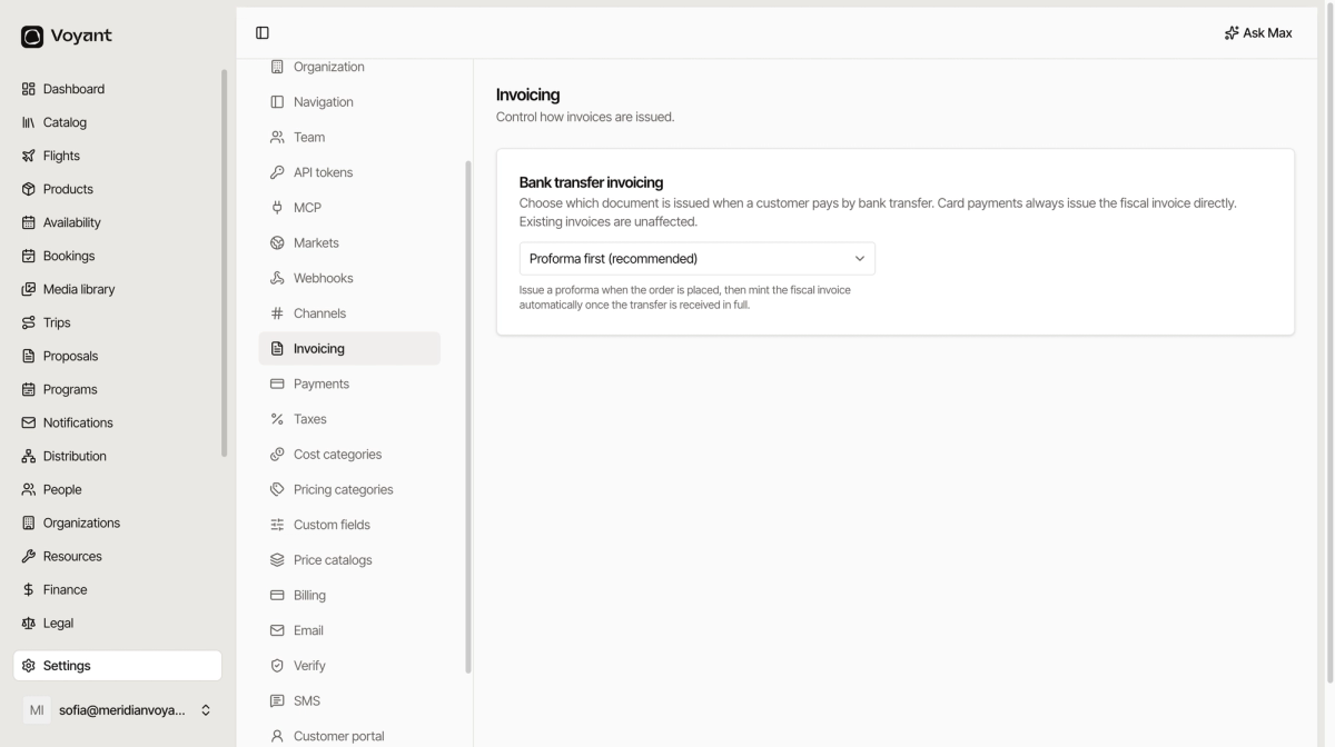 The invoicing settings page showing the bank transfer invoicing choice with proforma first selected as the recommended option