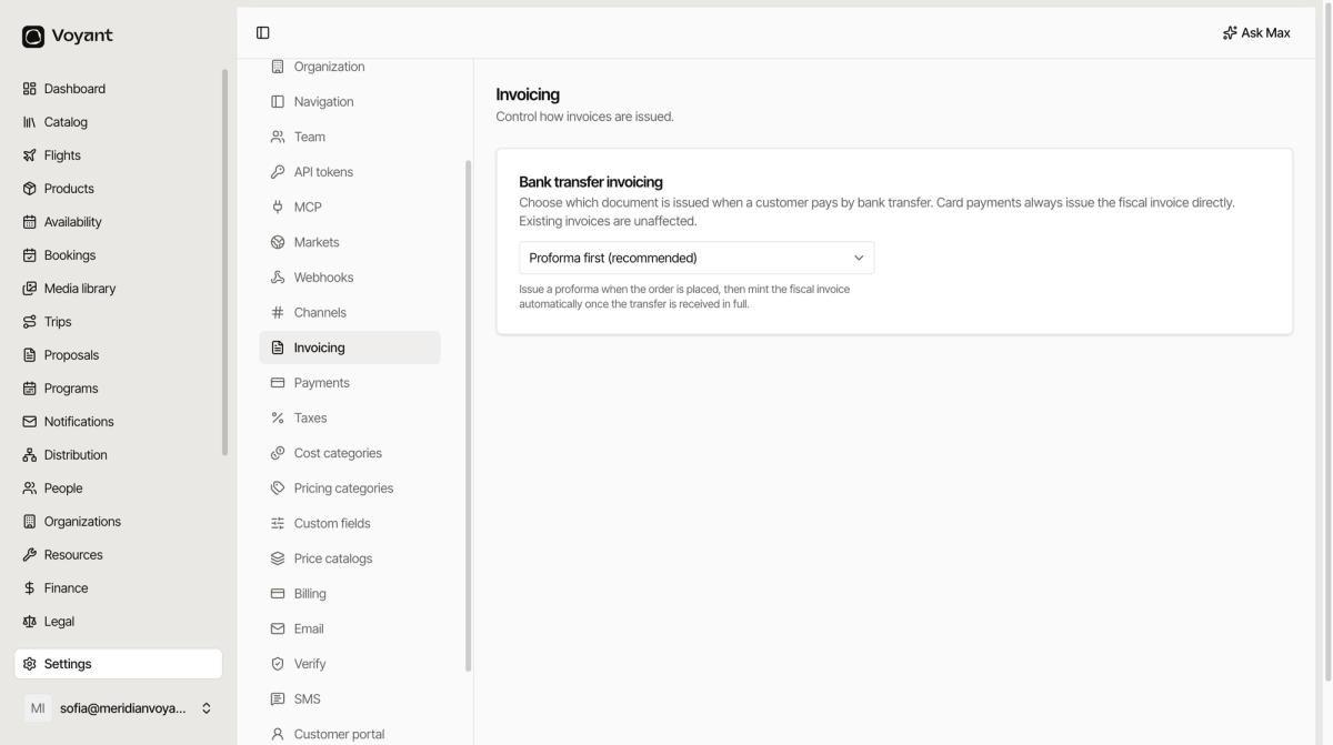 The invoicing settings page showing the bank transfer invoicing choice with proforma first selected as the recommended option