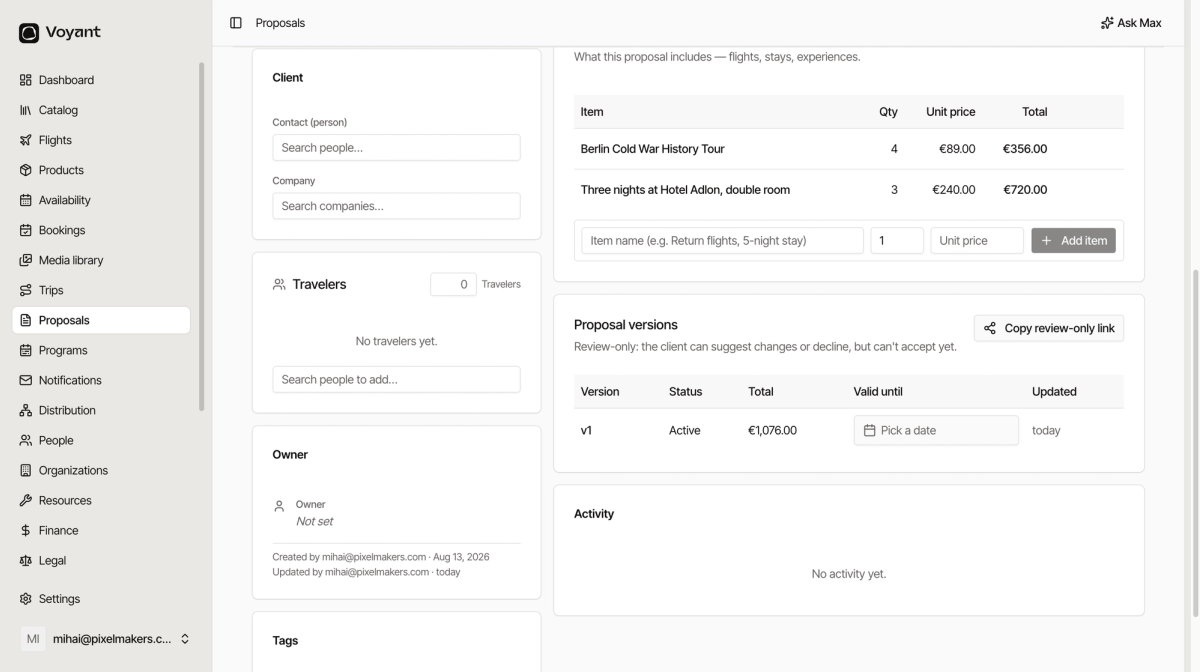 The Proposal versions panel showing version v1 as Active at 1,076 euros with a Copy review-only link button and a note that the client can suggest changes or decline