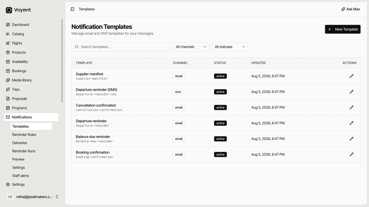The notification templates list showing six templates including booking confirmation and departure reminder, with email and SMS channels and active statuses