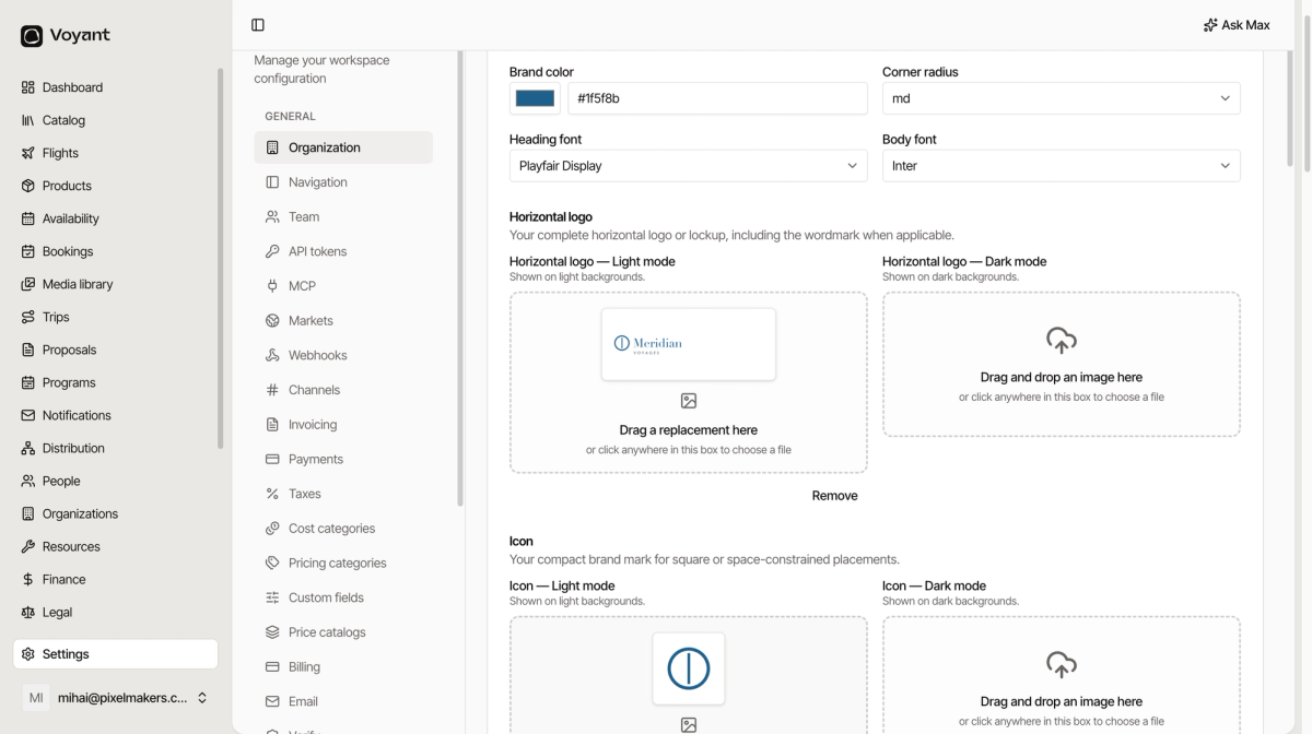 The brand appearance section showing a brand color, corner radius, heading and body fonts, and logo upload boxes with a horizontal logo and icon uploaded
