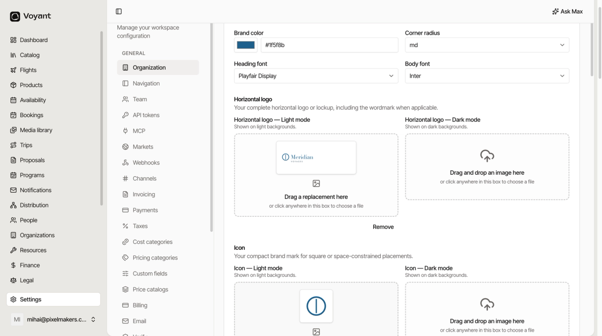 The brand appearance section showing a brand color, corner radius, heading and body fonts, and logo upload boxes with a horizontal logo and icon uploaded