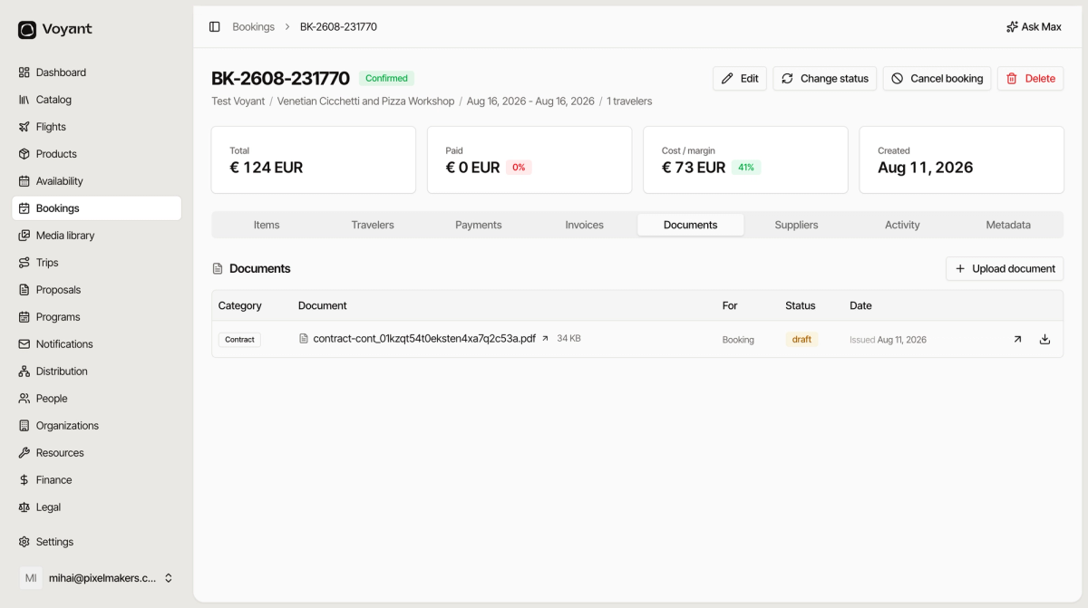 Tabul Documente care listează un contract PDF cu categoria, dimensiunea, la ce se referă, statusul și data