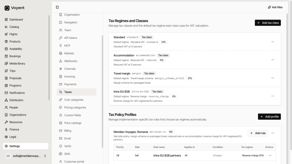 The taxes settings page showing four tax classes for standard, accommodation, travel margin and intra-EU B2B, and below them a tax policy profile with prioritised rules