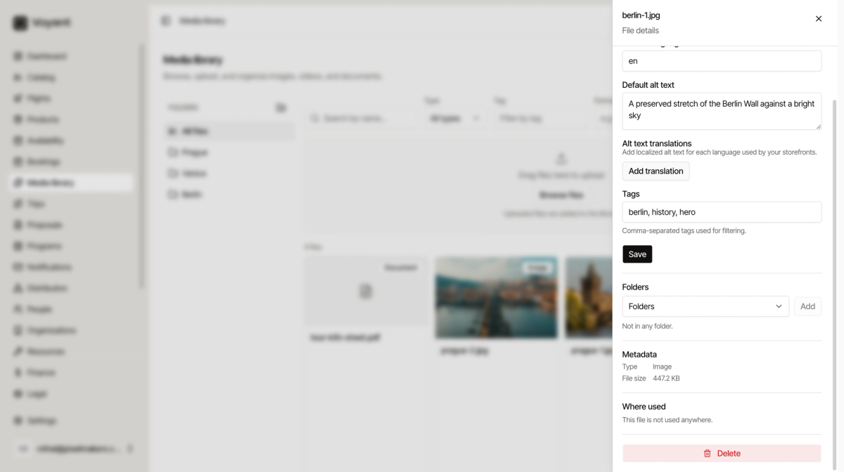 The lower half of the file details panel showing metadata, a Where used section and a red Delete button