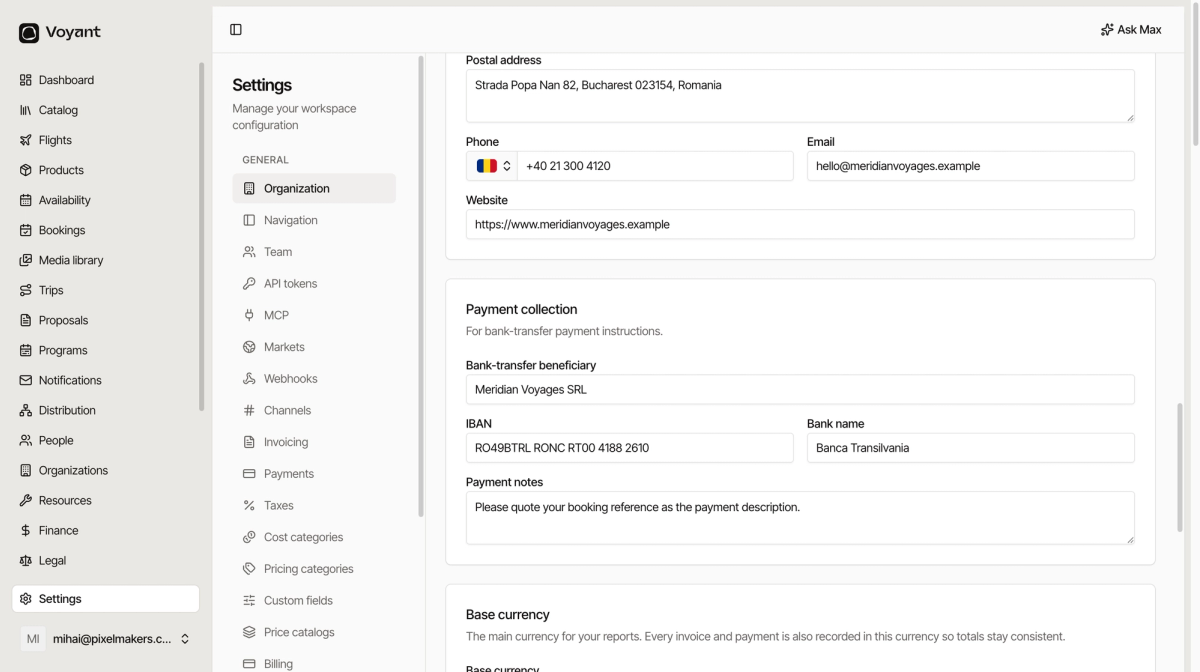The organization settings page showing postal address, phone, email and website, then bank transfer beneficiary, IBAN, bank name and payment notes, and the base currency section