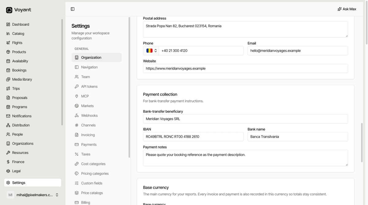 The organization settings page showing postal address, phone, email and website, then bank transfer beneficiary, IBAN, bank name and payment notes, and the base currency section