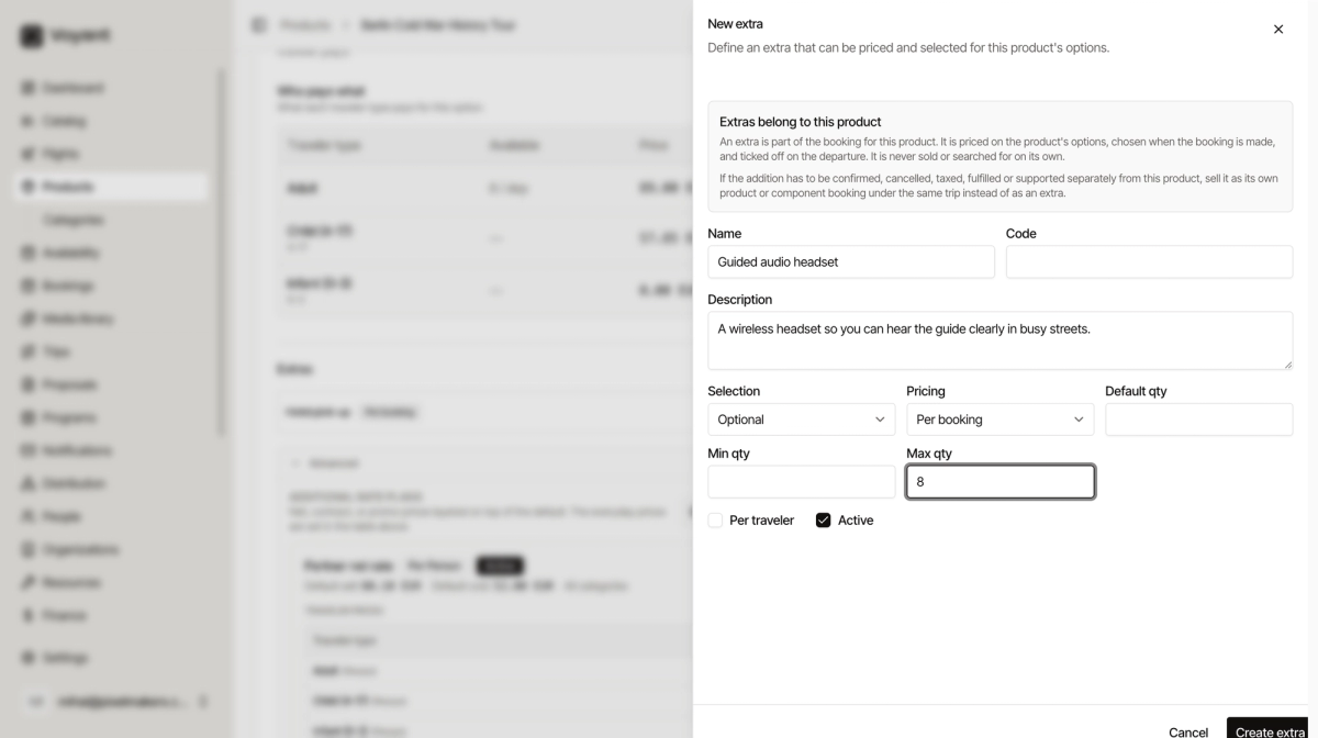 The New extra panel with Name, Selection, Pricing and quantity fields, and a note explaining what belongs as an extra