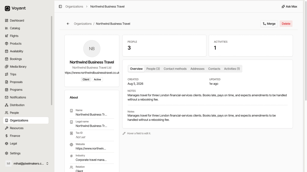 An organization record showing a notes field describing how the client behaves and what they expect