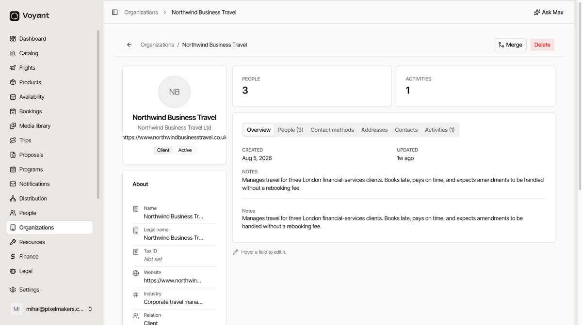 An organization record showing a notes field describing how the client behaves and what they expect