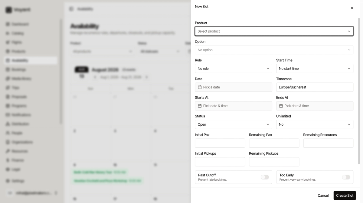 The New Slot panel with fields for product, option, rule, date, times, status and places