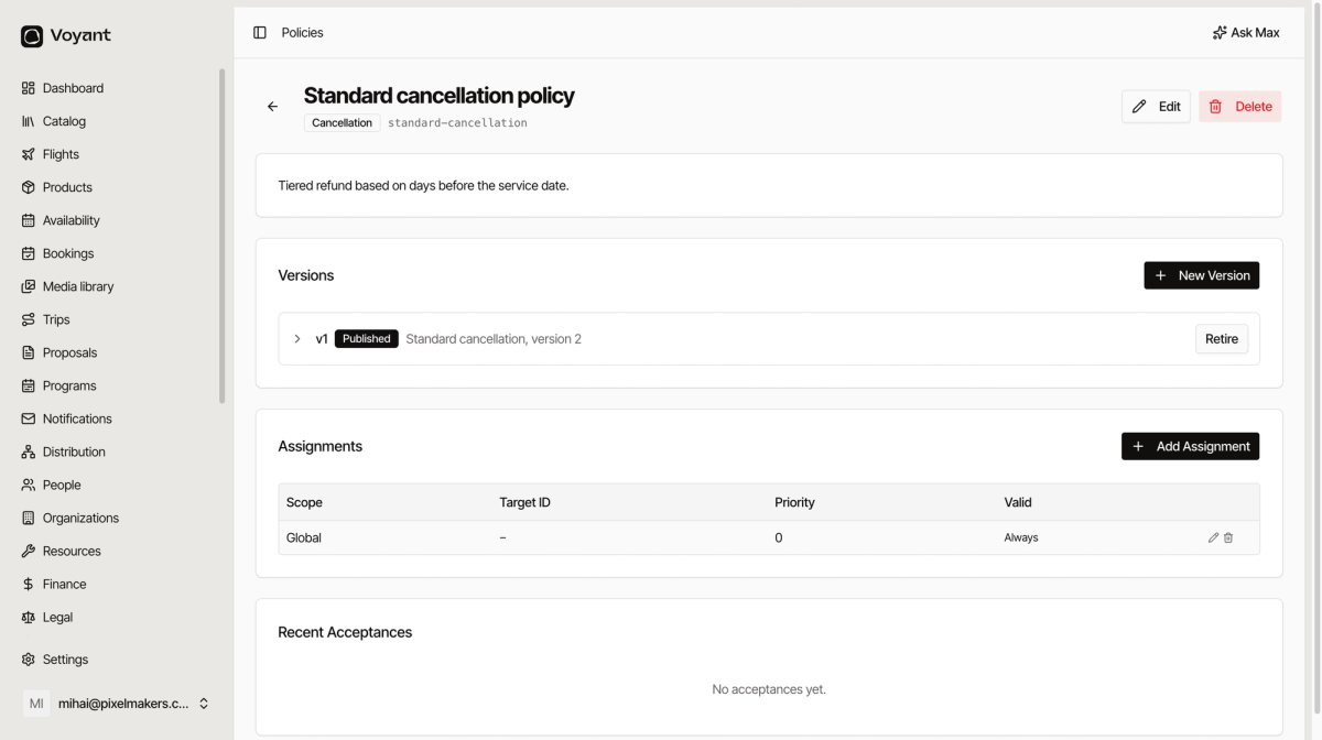A cancellation policy page showing a published version one, an assignments table with a global assignment, and a recent acceptances panel