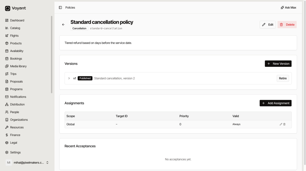 A cancellation policy page showing a published version one, an assignments table with a global assignment, and a recent acceptances panel