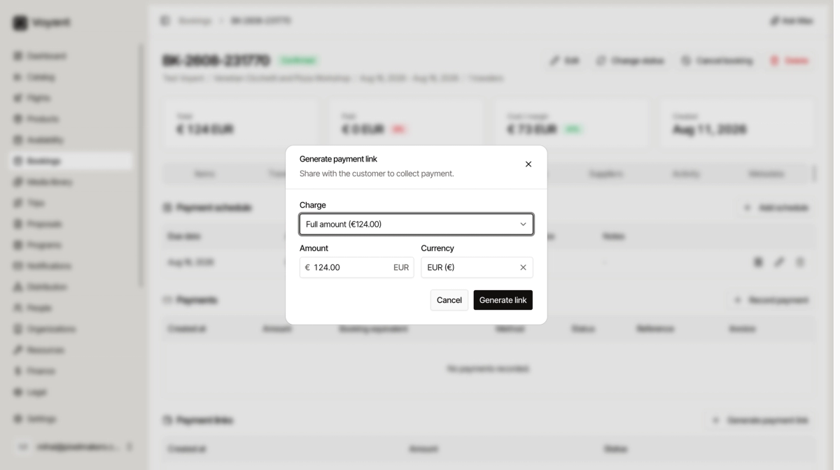 The Generate payment link dialog with a charge selector offering the full amount or a scheduled balance, plus amount and currency