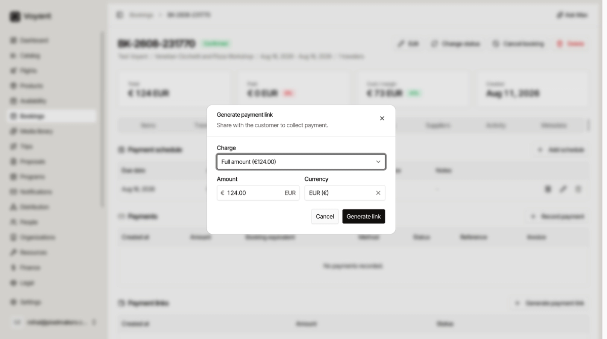 The Generate payment link dialog with a charge selector offering the full amount or a scheduled balance, plus amount and currency