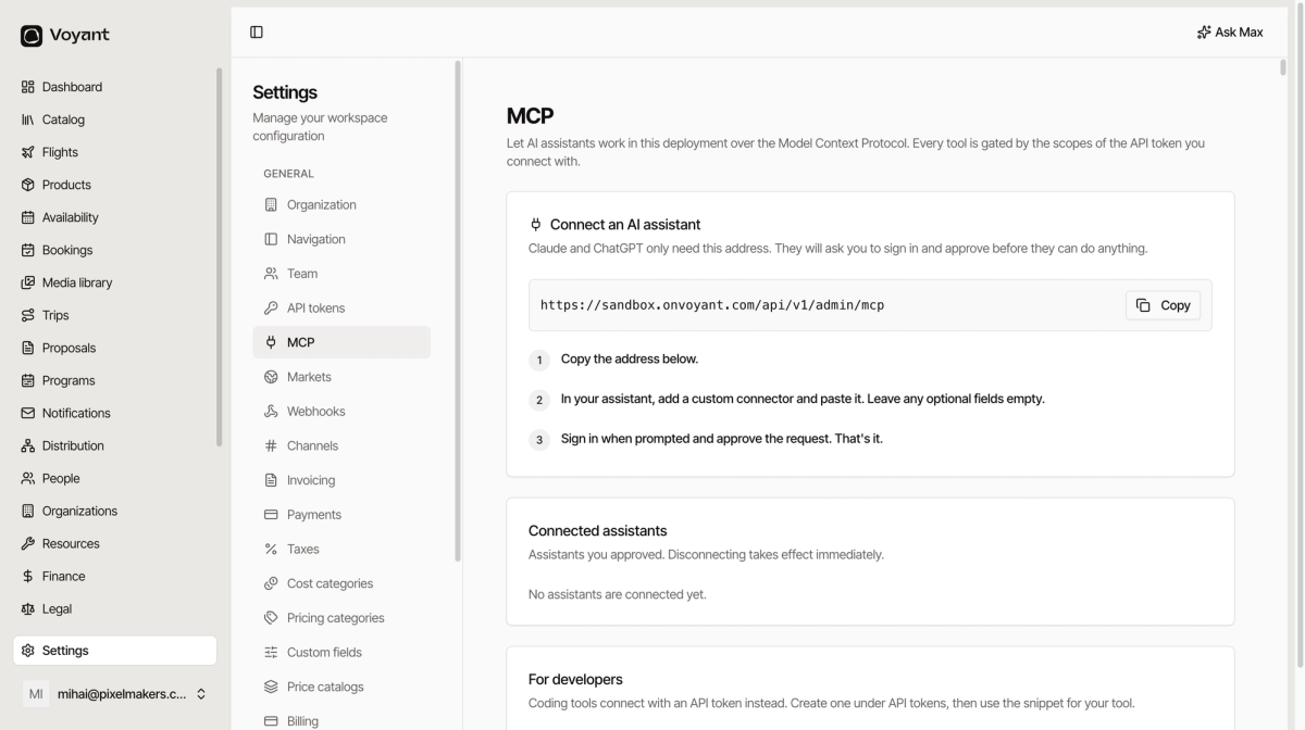 The settings screen showing the full list of settings pages down the left, with the MCP page open on the right