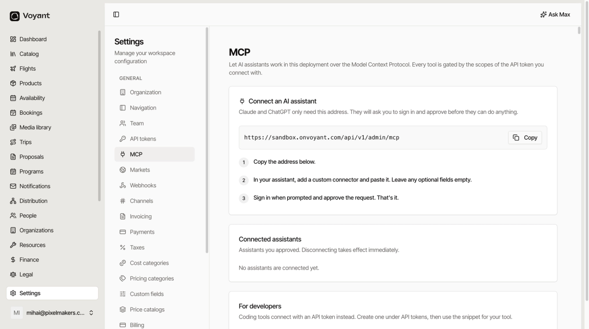 The settings screen showing the full list of settings pages down the left, with the MCP page open on the right