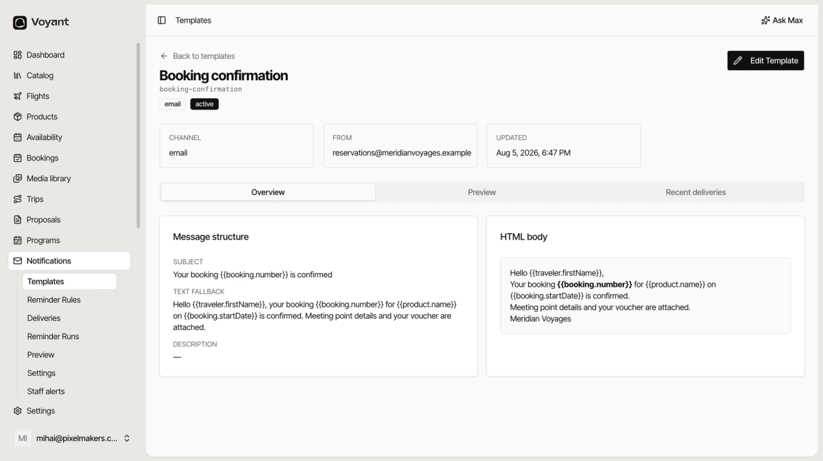 A booking confirmation template showing its channel, sender address, subject line with merge fields, text fallback and HTML body