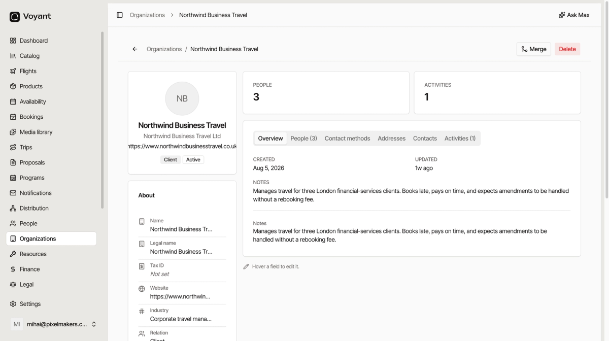 An organization record showing name, legal name, tax ID, industry, relation, default currency, preferred language, payment terms and tags