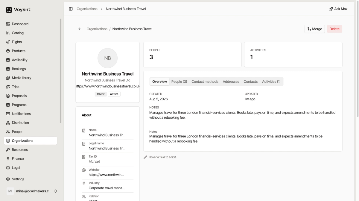An organization record showing name, legal name, tax ID, industry, relation, default currency, preferred language, payment terms and tags