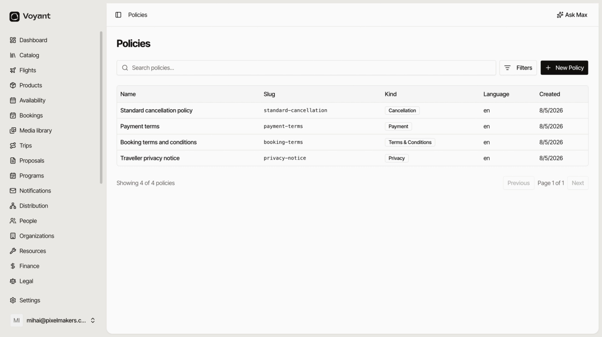 The policies list showing a standard cancellation policy, payment terms, booking terms and conditions, and a traveller privacy notice, each with its kind and language
