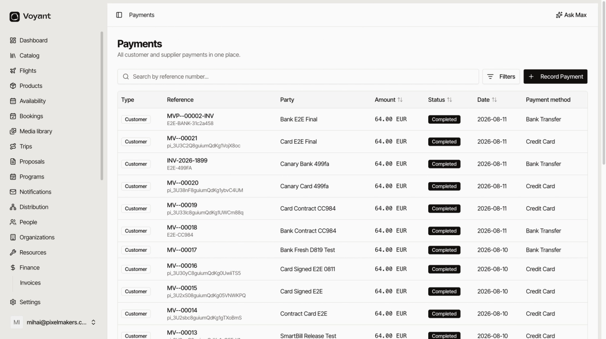 The finance payments ledger listing customer payments with reference numbers, party names, amounts, completed statuses, dates and payment methods