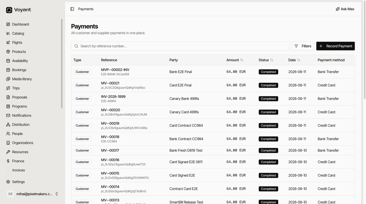 The finance payments ledger listing customer payments with reference numbers, party names, amounts, completed statuses, dates and payment methods