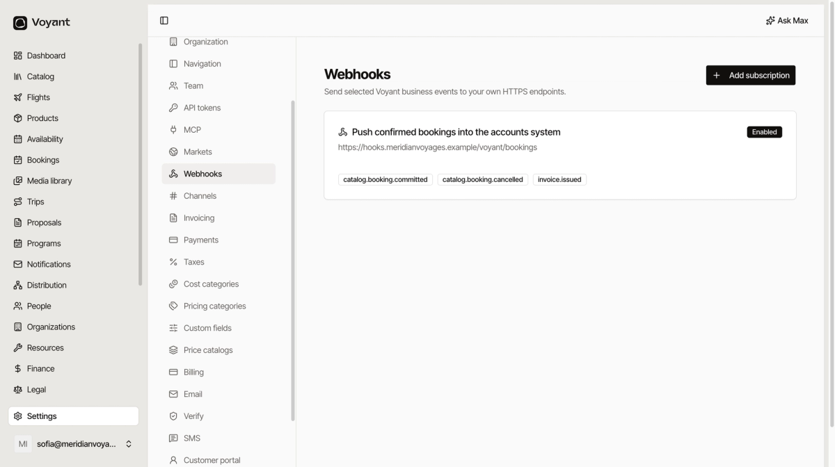 The webhooks settings page showing one enabled subscription posting to an endpoint, listing the booking committed, booking cancelled and invoice issued events