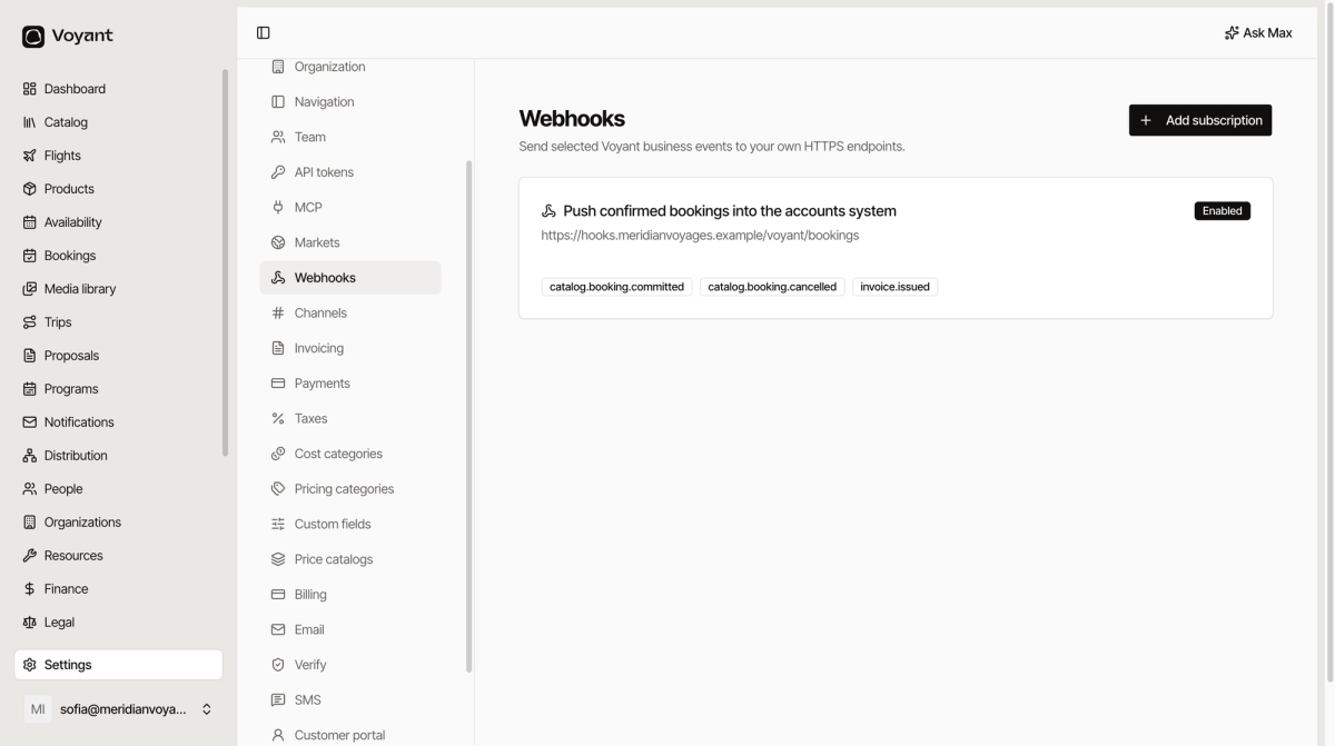 The webhooks settings page showing one enabled subscription posting to an endpoint, listing the booking committed, booking cancelled and invoice issued events