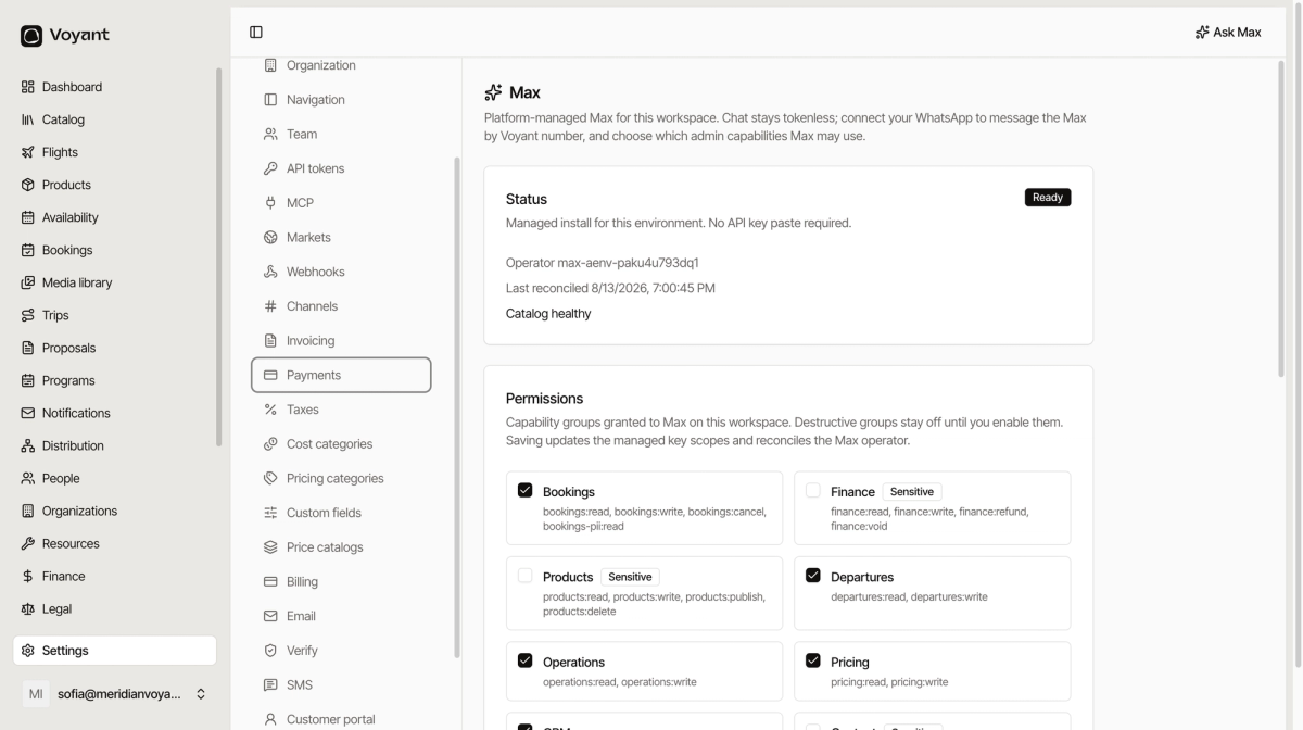 The Max settings page showing a ready status, a list of capability groups such as bookings finance and products with sensitive ones marked, and a WhatsApp connection section
