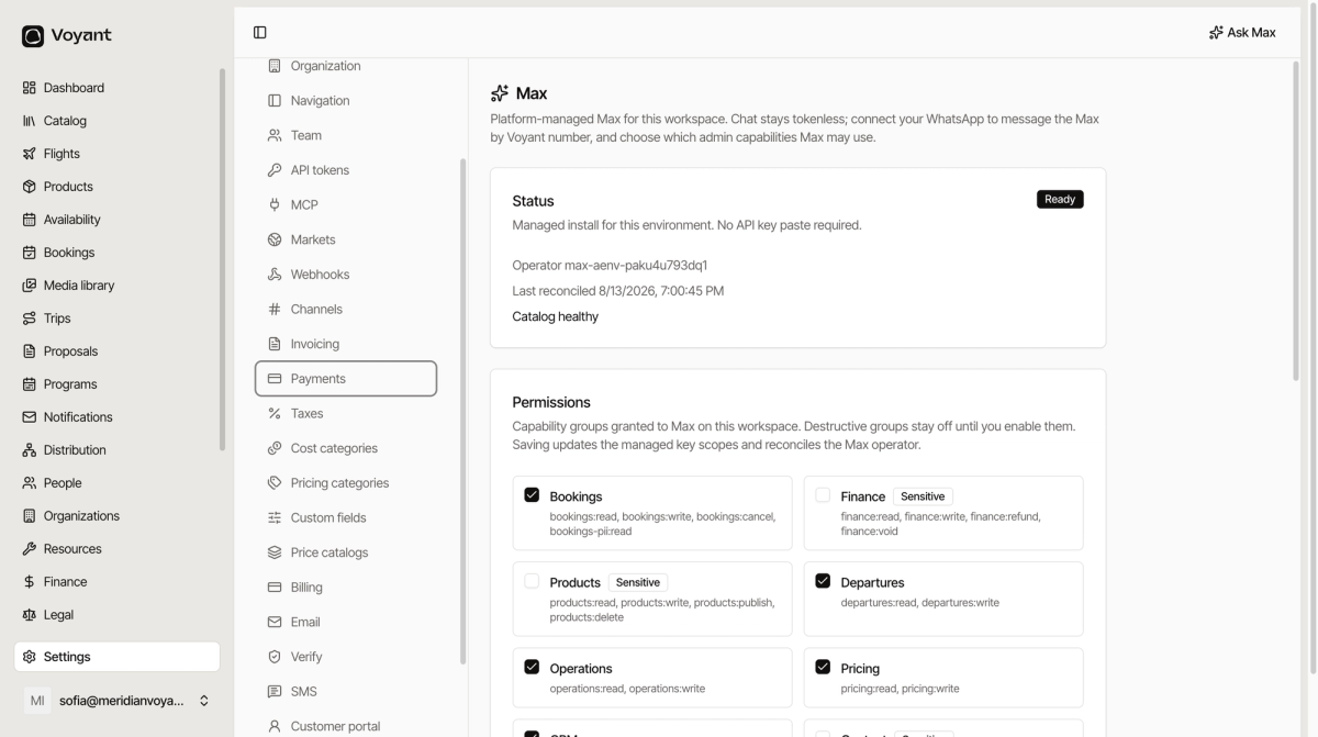 The Max settings page showing a ready status, a list of capability groups such as bookings finance and products with sensitive ones marked, and a WhatsApp connection section