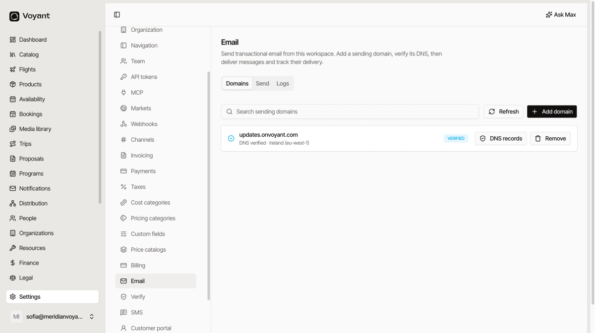 The email settings page showing a verified sending domain with its DNS status and region, and tabs for domains, send and logs