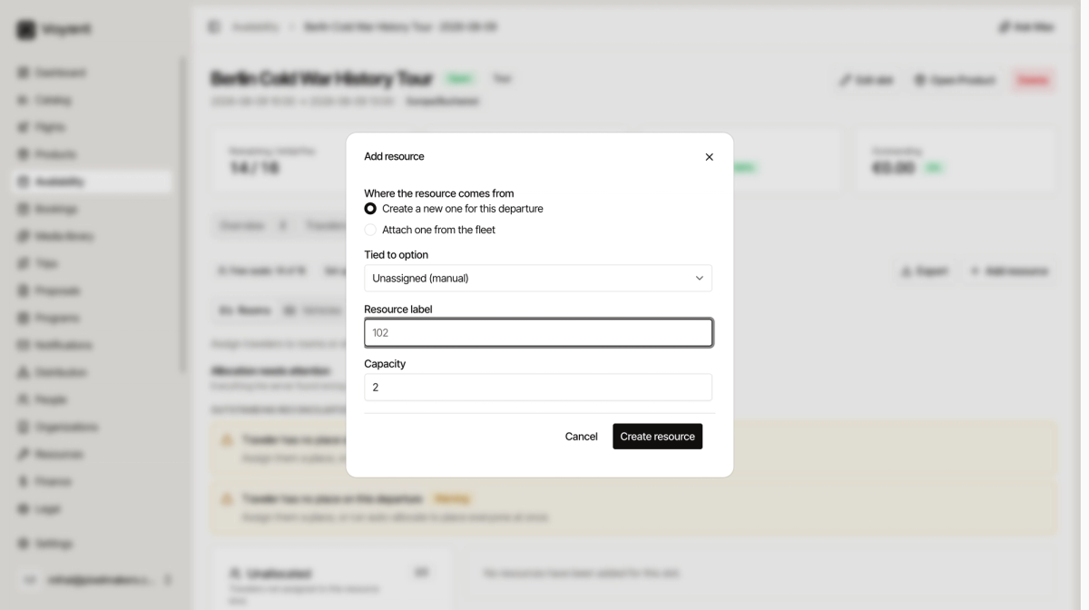The Add resource dialog with options to create a new resource or attach one from the fleet, plus label and capacity fields