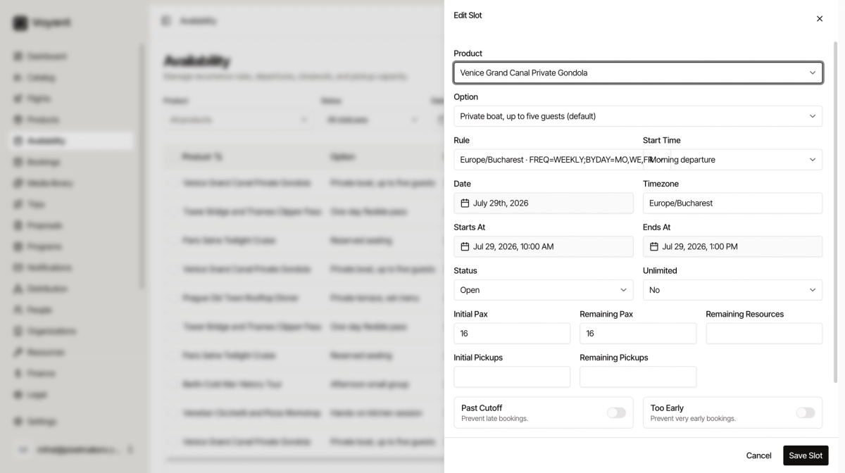 The Edit Slot panel showing product, option, rule, date and time, status, initial and remaining places, and cutoff toggles