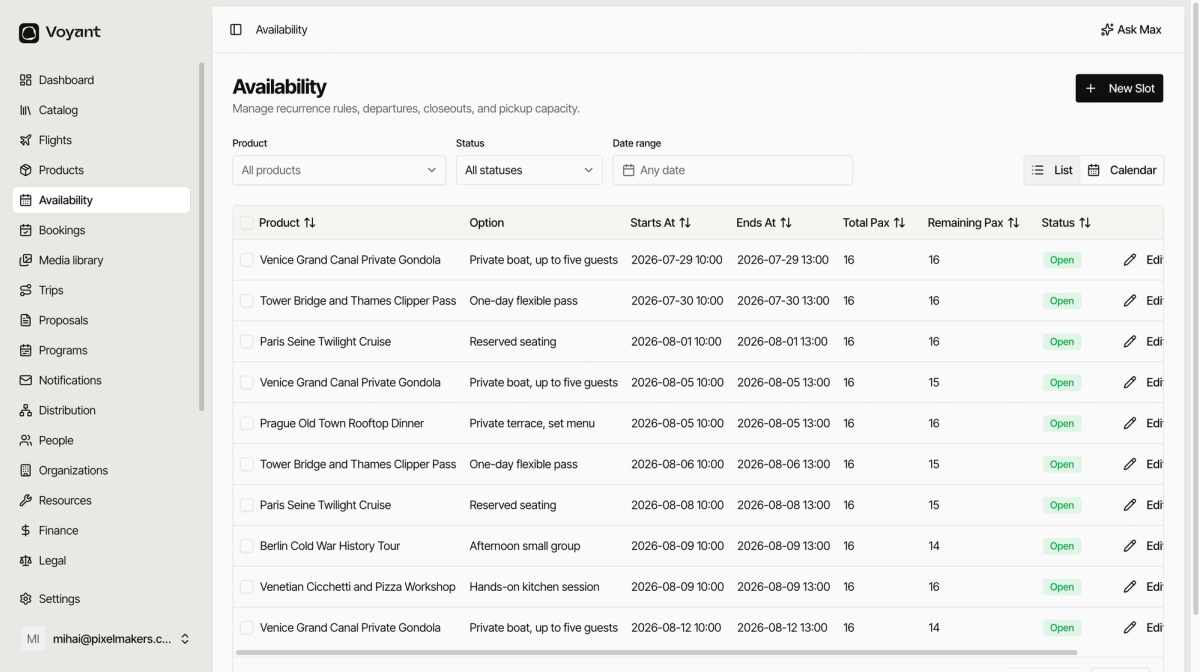 The Availability list showing departures across several products with start and end times, total and remaining places, and an Open status