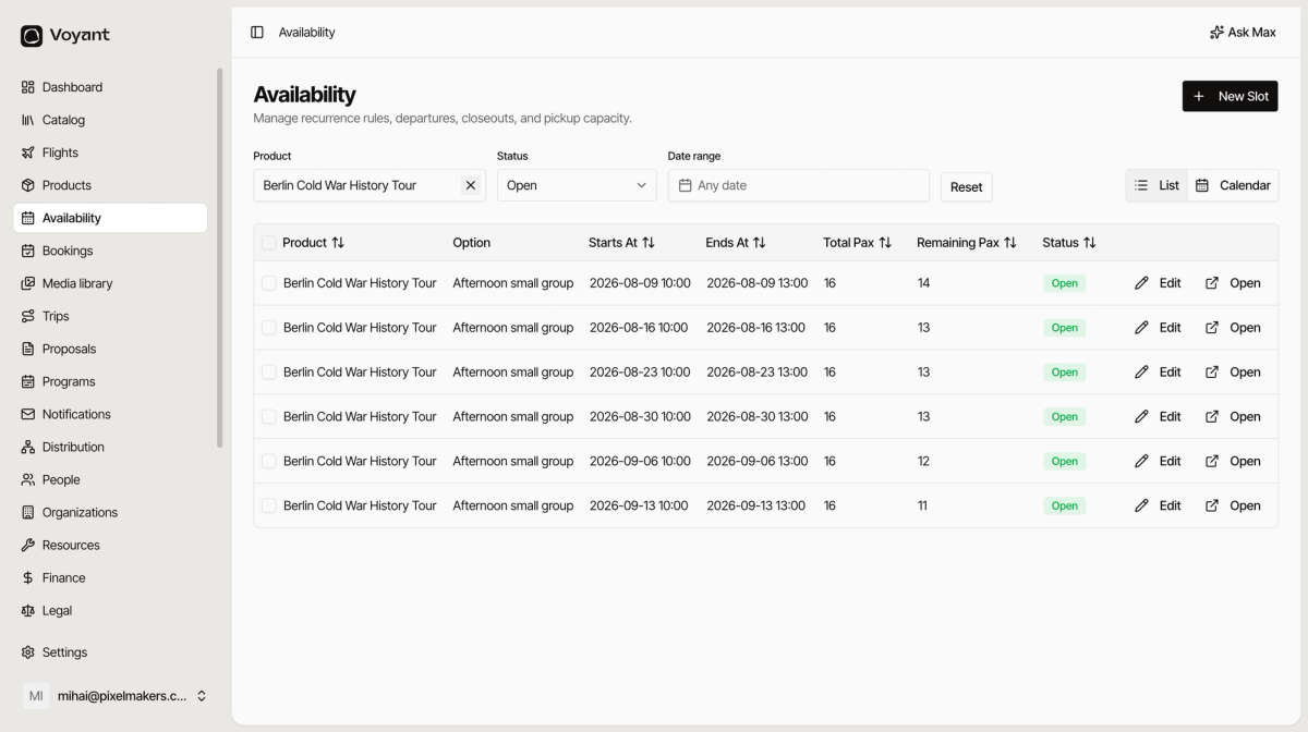 The Availability list filtered to one tour with status Open, showing six weekly dates and a Reset button