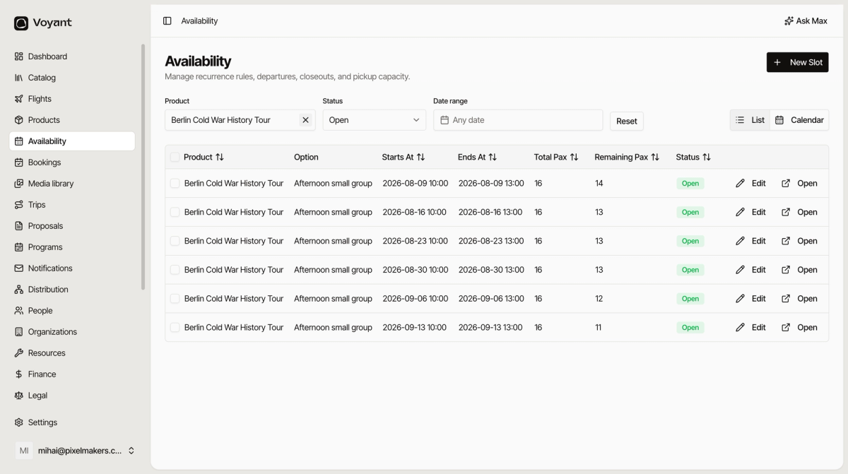 The Availability list filtered to one tour with status Open, showing six weekly dates and a Reset button