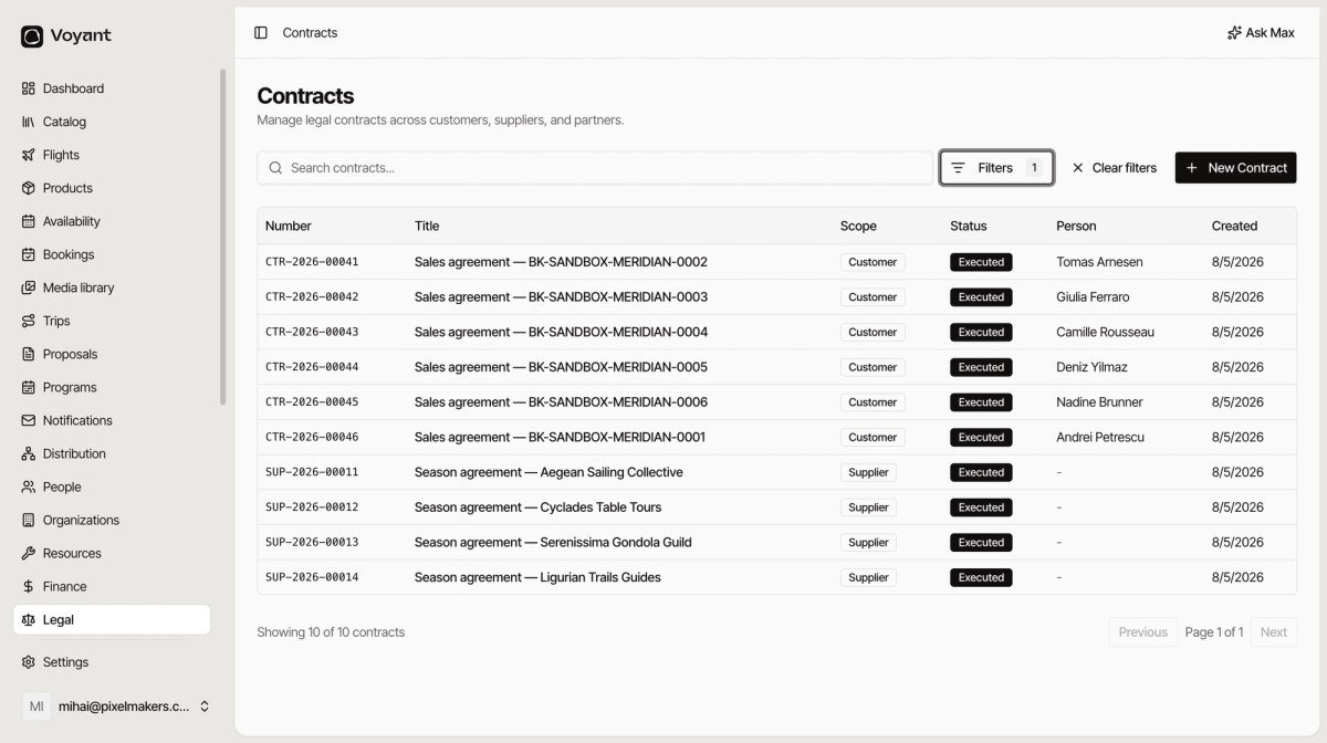 The contracts list showing customer sales agreements and supplier season agreements with their numbers, scopes, statuses, people and creation dates