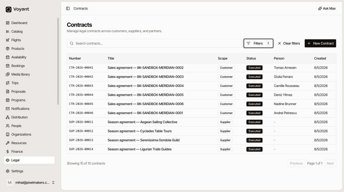 The contracts list showing customer sales agreements and supplier season agreements with their numbers, scopes, statuses, people and creation dates