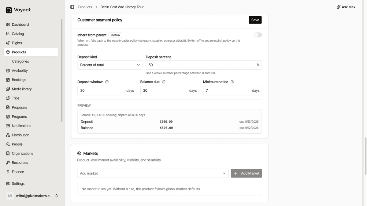 The Customer payment policy panel with inherit switched off, showing deposit kind, deposit percent, deposit window, balance due, minimum notice and a live preview