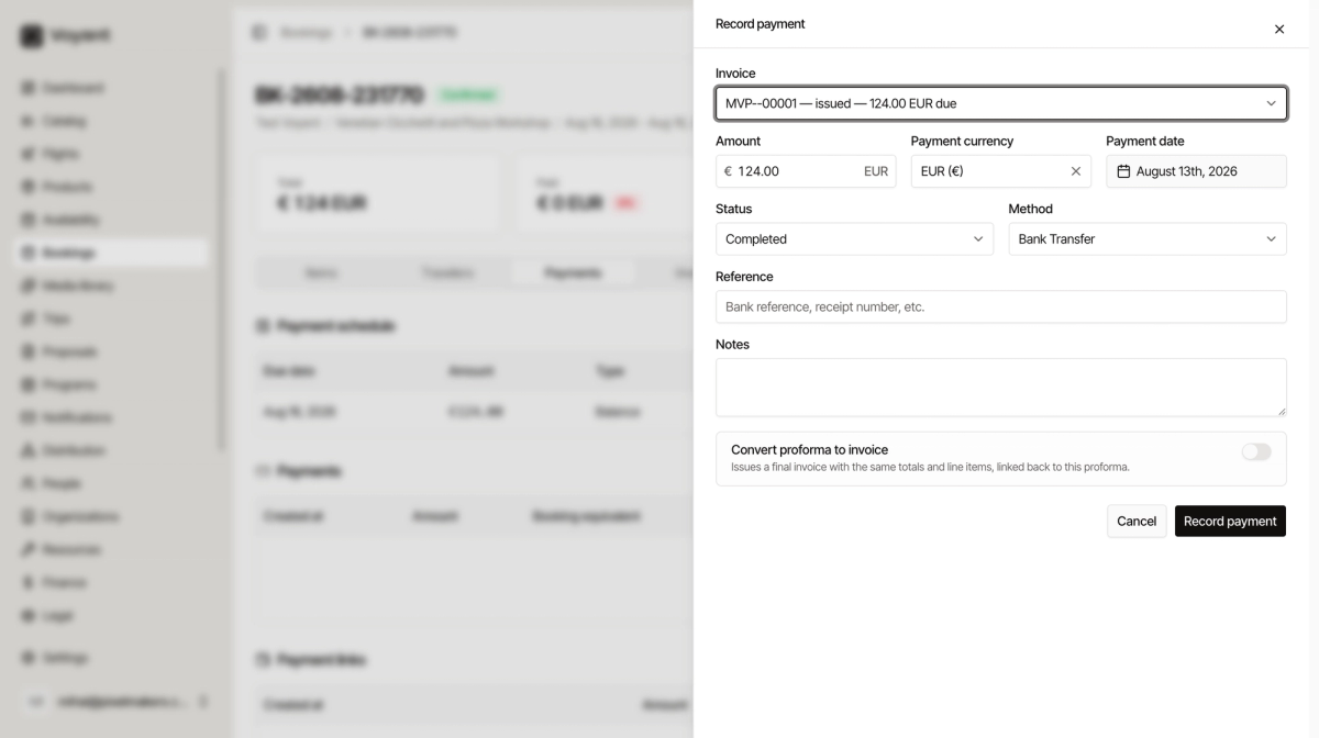 The Record payment panel showing the invoice being settled, amount, currency, date, status, method, reference and a convert proforma toggle